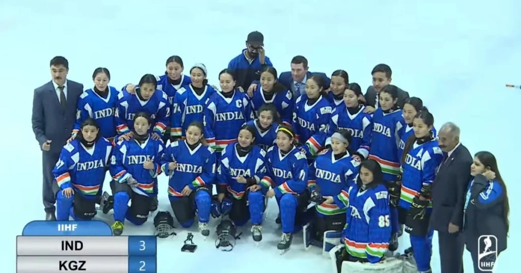 The Indian Women's Ice Hockey Team celebrates with their bronze medals at the IIHF Women's Asia Cup in the UAE.