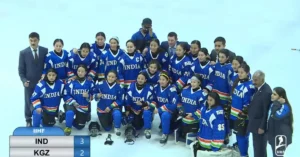 The Indian Women's Ice Hockey Team celebrates with their bronze medals at the IIHF Women's Asia Cup in the UAE.