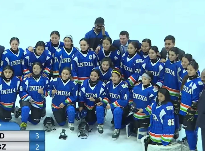 The Indian Women's Ice Hockey Team celebrates with their bronze medals at the IIHF Women's Asia Cup in the UAE.
