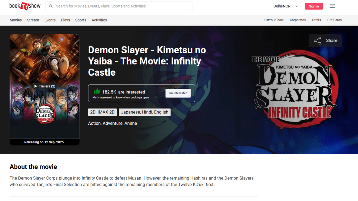 Demon Slayer: Infinity Castle Movie – When Will PVR Start Ticket Sales in India? When Will Demon Slayer Ticket Sale Open In India