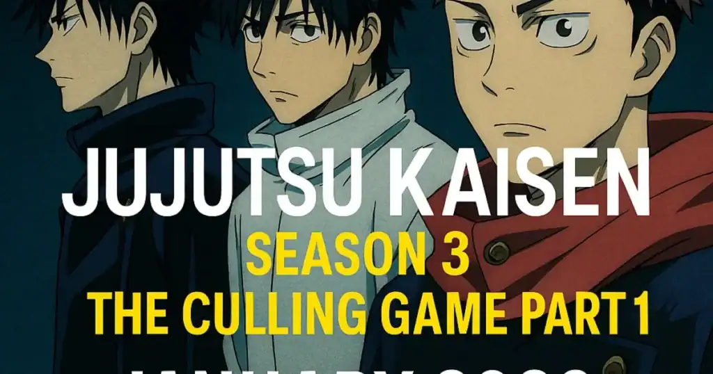 Jujutsu Kaisen Season 3 poster featuring main characters, anime series, supernatural battles, and dark fantasy elements for fans of manga and anime.