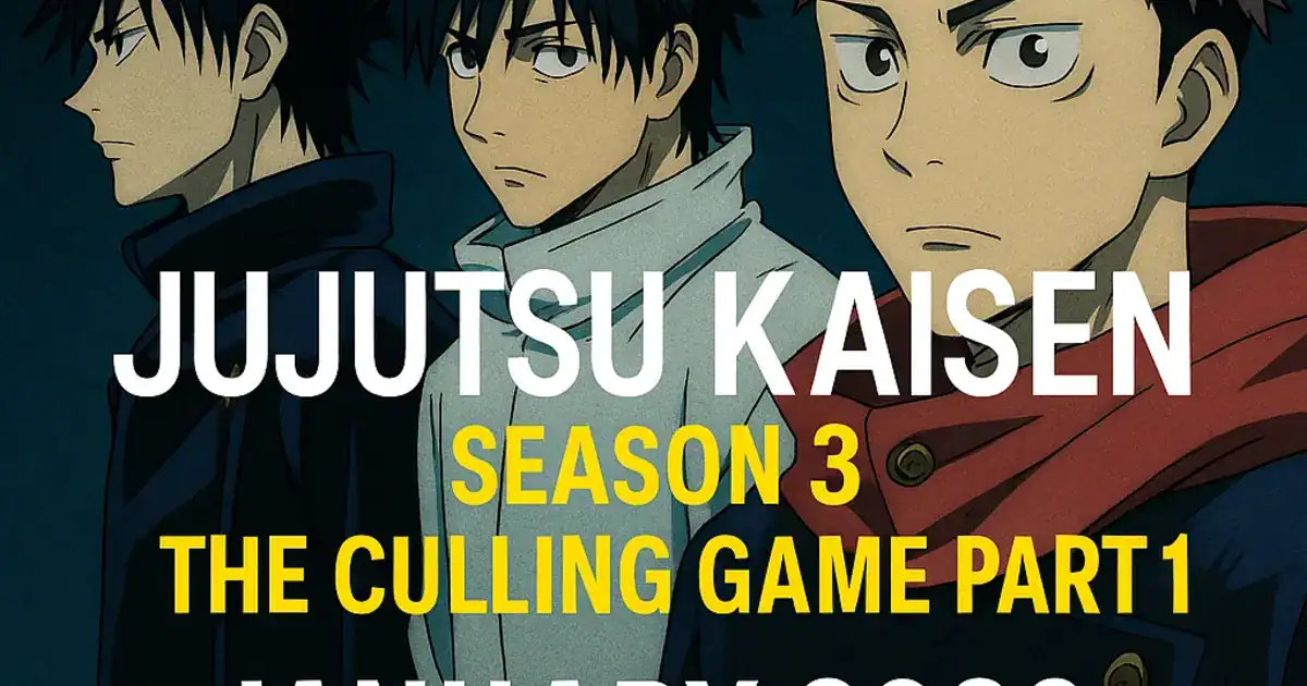 Jujutsu Kaisen Season 3 poster featuring main characters, anime series, supernatural battles, and dark fantasy elements for fans of manga and anime.
