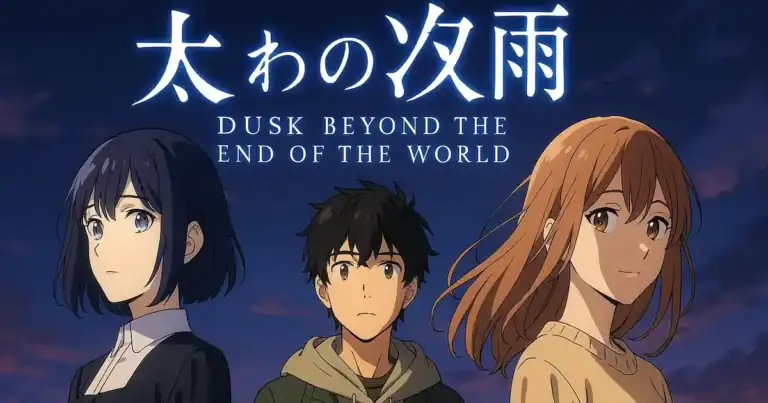 Calm anime characters from "Dusk Beyond the End of the World" in a dramatic sky background, showcasing emotional storytelling and stunning anime art.