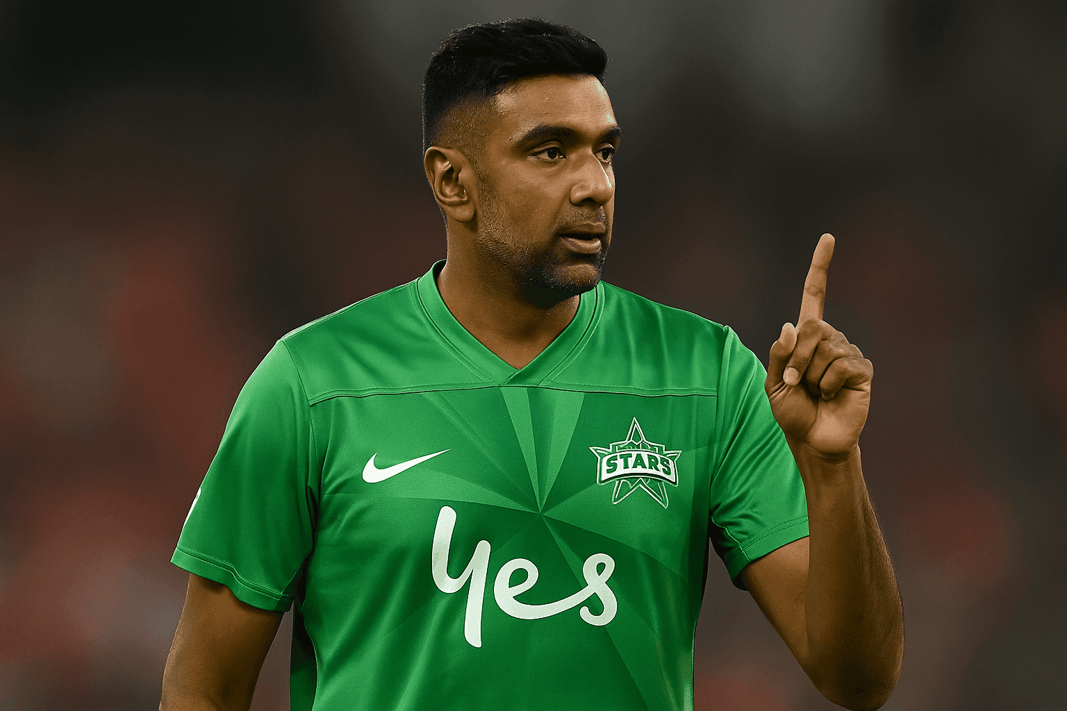Athlete wearing green sports jersey with logo and sponsor, raising index finger during a game, symbolizing victory or alertness, on a blurred stadium background.