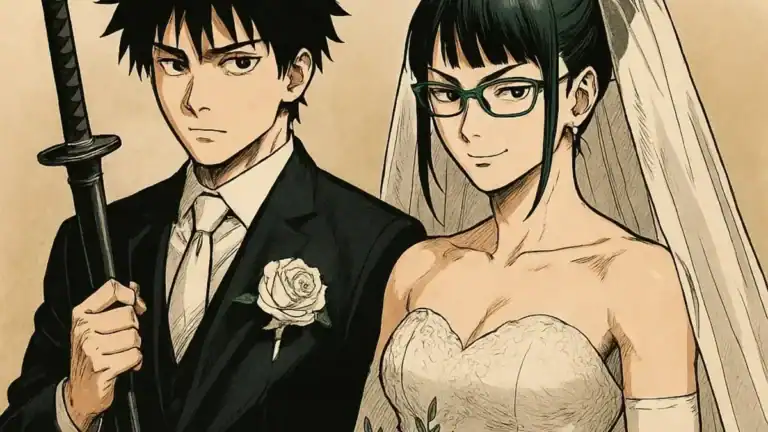 Animeuz-sword-wedding-manga-style-illustration, a detailed manga-style illustration of a young man and woman dressed as a bride and groom, perfect for anime and manga fans, highly relevant for anime-themed image SEO.