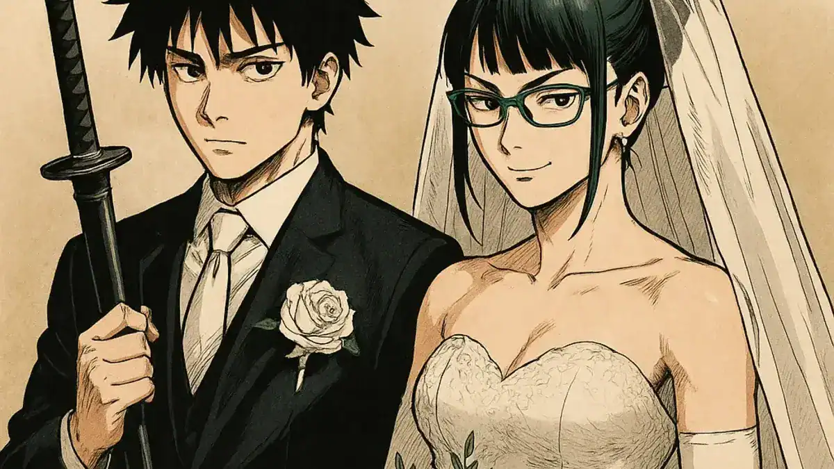 Animeuz-sword-wedding-manga-style-illustration, a detailed manga-style illustration of a young man and woman dressed as a bride and groom, perfect for anime and manga fans, highly relevant for anime-themed image SEO.