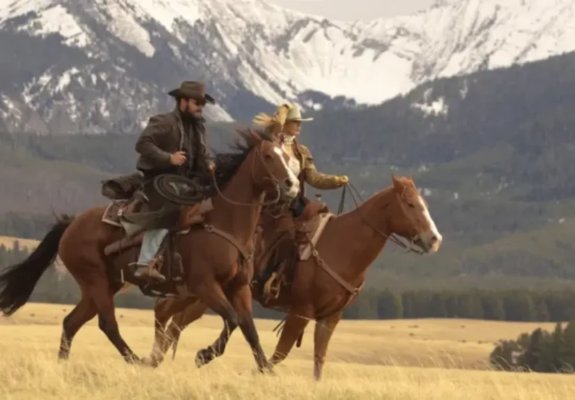 Kelly Reilly as Beth Dutton and Cole Hauser as Rip Wheeler in the Yellowstone spinoff series Dutton Ranch