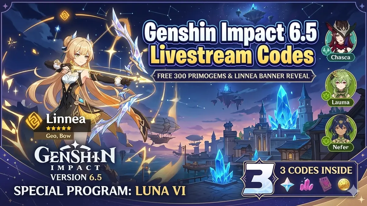 Genshin Impact 6.5 livestream codes and rewards featuring new character Linnea and banner reruns.