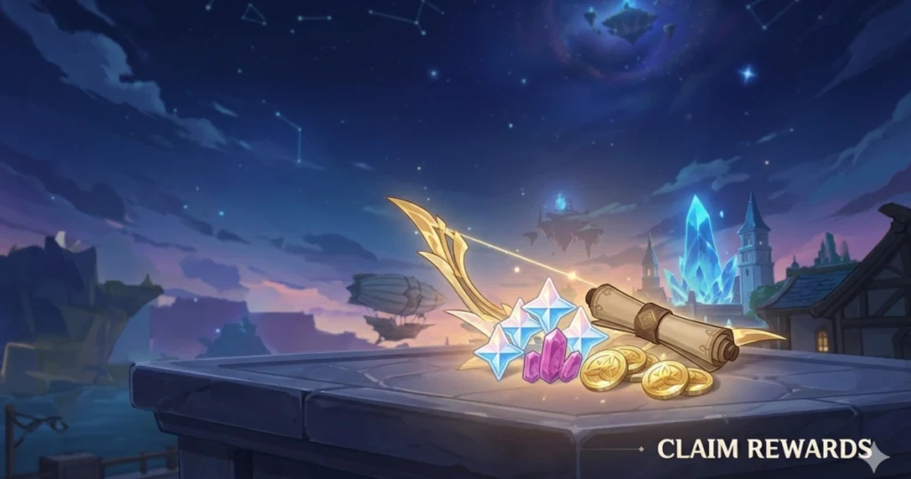 Close-up of Genshin Impact 6.5 rewards including Primogems, Mora, and Hero's Wit on a stone altar.