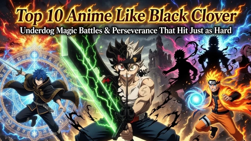 Top 10 Anime Like Black Clover 2026 featuring Asta with sword, Wistoria and Naruto in epic underdog magic battles