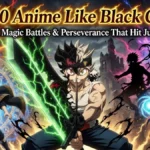 Top 10 Anime Like Black Clover 2026 featuring Asta with sword, Wistoria and Naruto in epic underdog magic battles