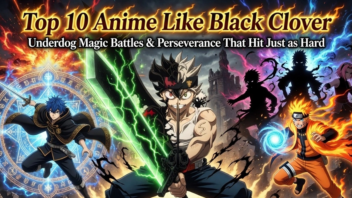 Top 10 Anime Like Black Clover 2026 featuring Asta with sword, Wistoria and Naruto in epic underdog magic battles