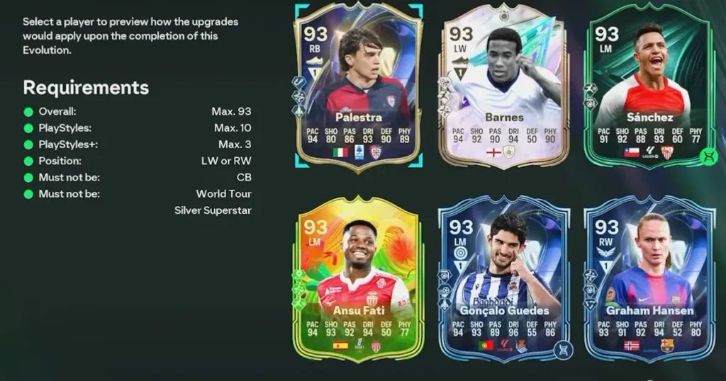 An FC 26 Veni Vidi Vini Evolution menu showing upgrade requirements and eligible player cards like Palestra, Barnes, and Ansu Fati.