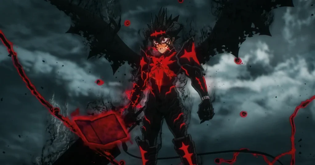 Asta in his full Devil Union armor form wielding a glowing giant sword.