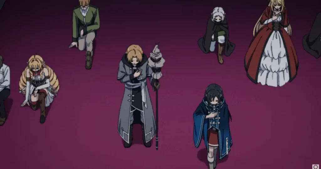 Mushoku Tensei Season 3 Episode 8, Rudeus and Sylphie stand with hands on chests while others kneel in Chaos Breaker Arc scene