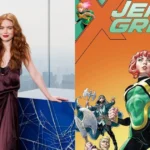 Sadie Sink posing next to Marvel comic book art of Jean Grey for the MCU X-Men cast
