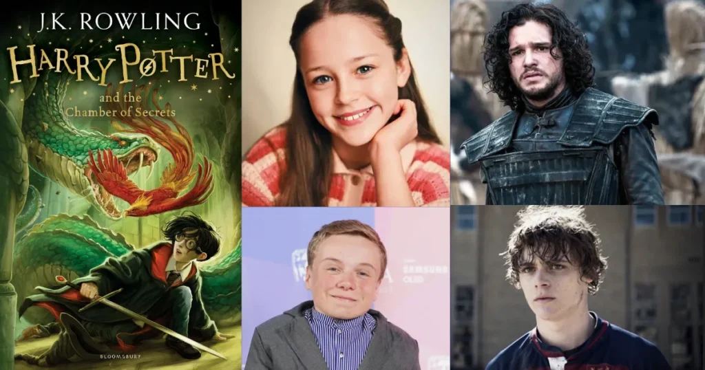 Who is playing Dobby, Tom Riddle, Ginny, and Gilderoy in HBO's Harry Potter series cast grid featuring book cover art alongside Bonnie Hill, Kit Harington, Lenny Rush, and Billy Barratt.
